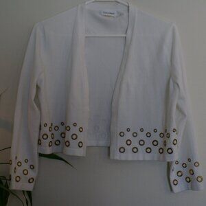 Calvin Klein Short Sweater Jacket Cover White Gold Tone Rivets Ladies Large